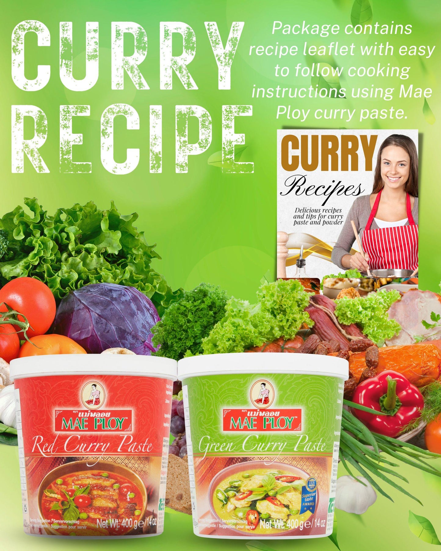 Mae Ploy Green & Red Curry Paste (400 g x 2) with Recipe Leaflet