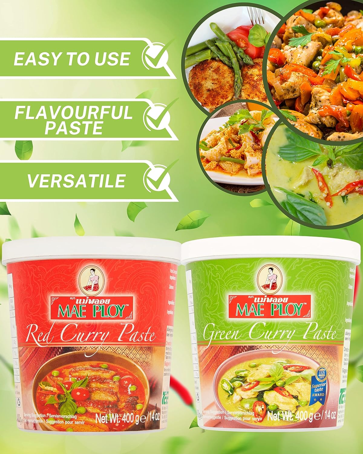 Mae Ploy Green & Red Curry Paste (400 g x 2) with Recipe Leaflet