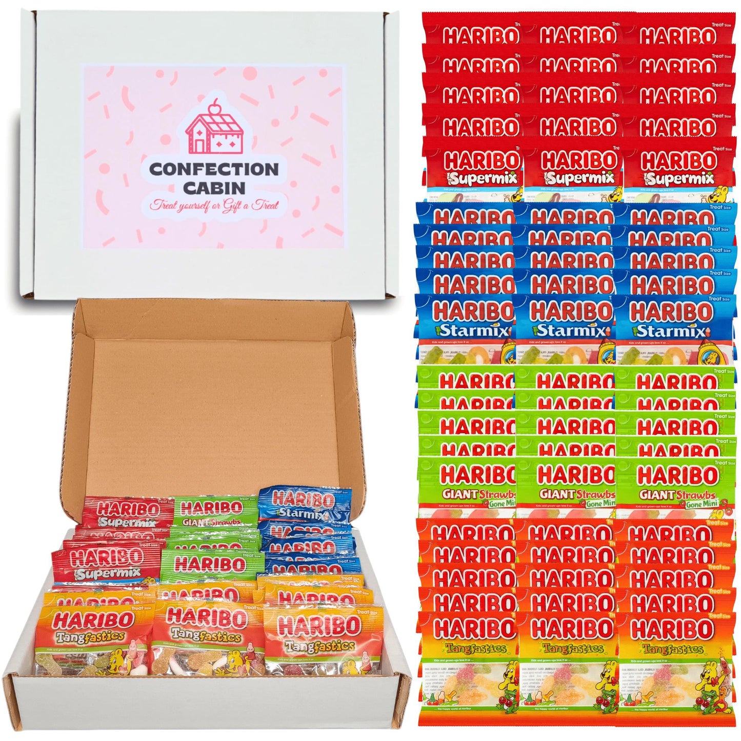 Haribo Sweets Multipack Gift Box | 60 Mixed Haribo Mini Bags (15 each of Starmix, Supermix, Giant Strawbs, Tangfastics)