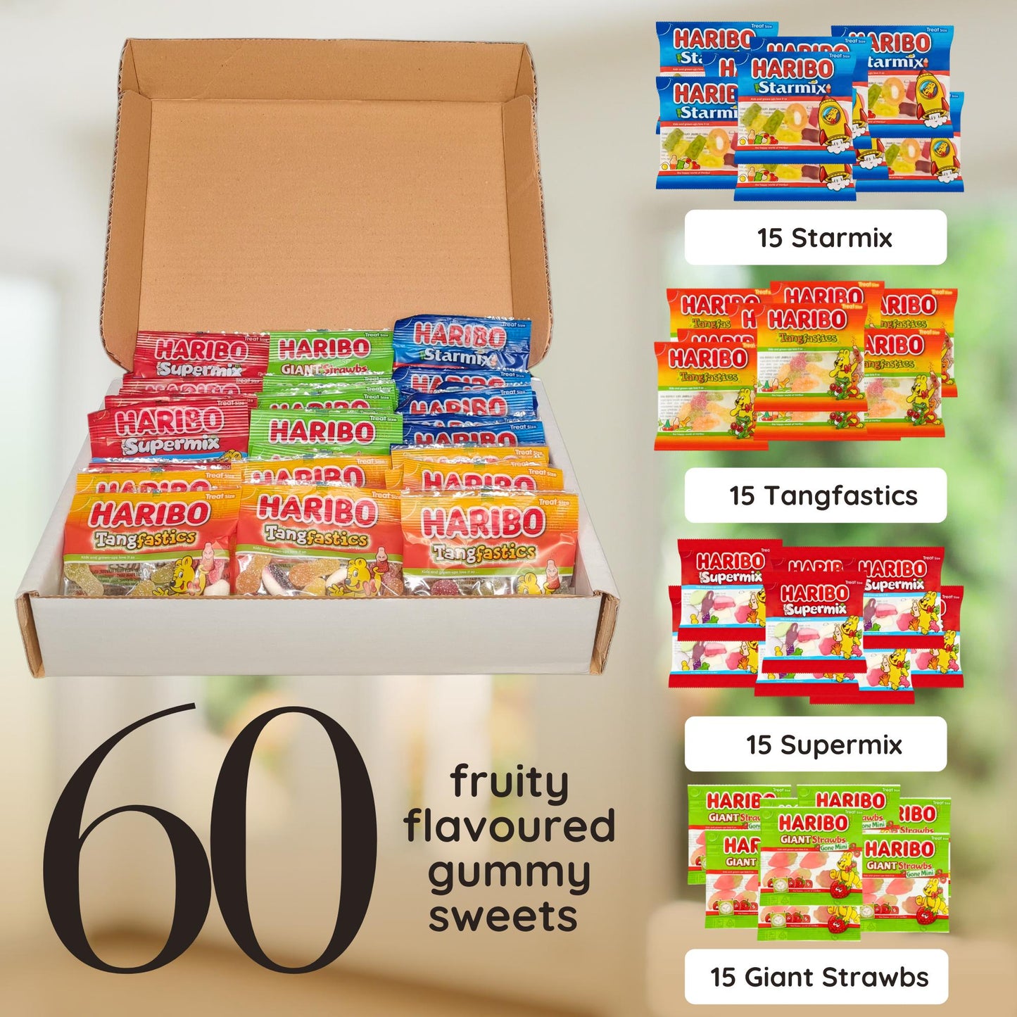 Haribo Sweets Multipack Gift Box | 60 Mixed Haribo Mini Bags (15 each of Starmix, Supermix, Giant Strawbs, Tangfastics)