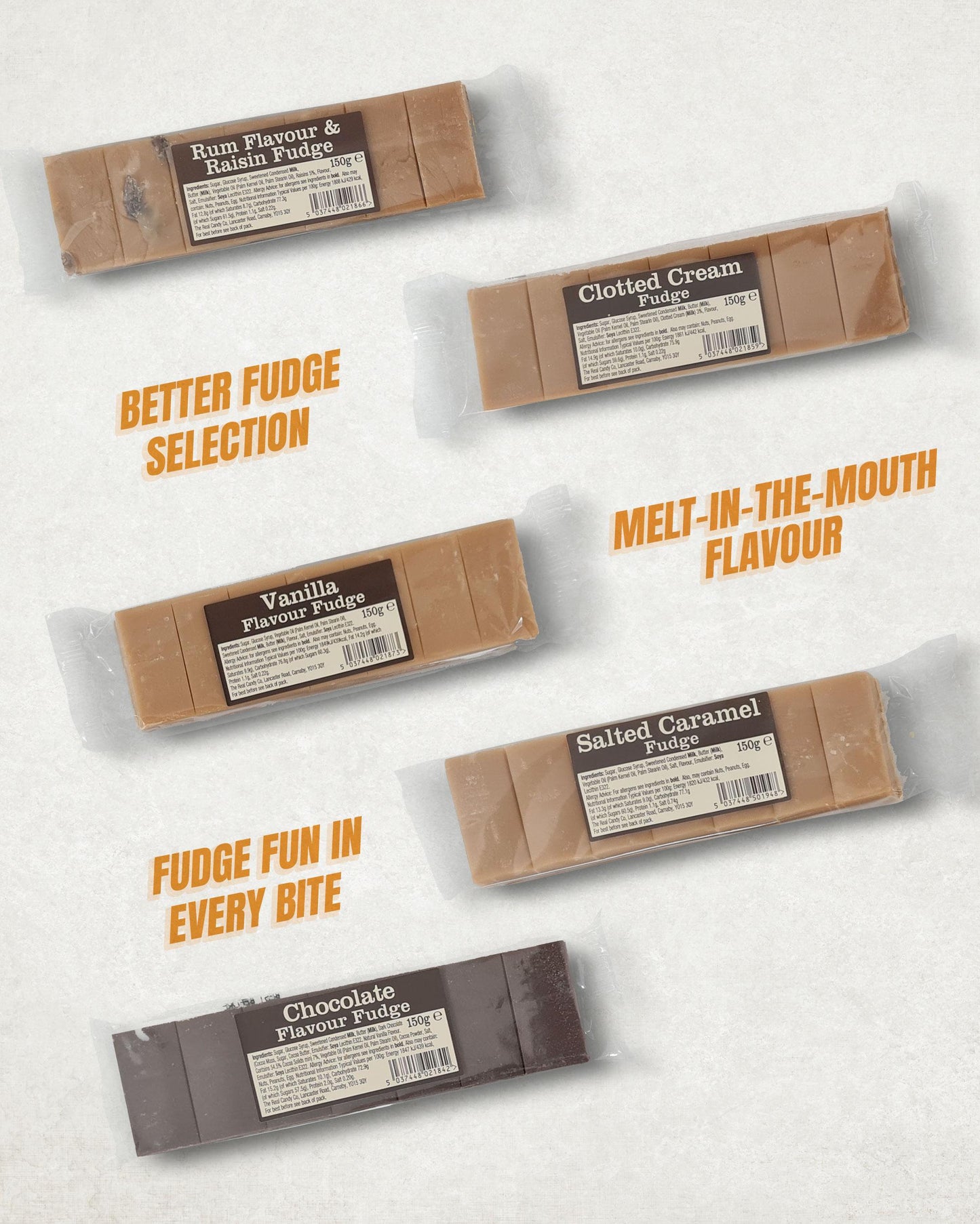 Fudge Gift Set 5 Snack Bars | Salted Caramel Fudge, Rum and Raisin Fudge, Chocolate, Vanilla, and Clotted Cream Fudge (130 g Each)