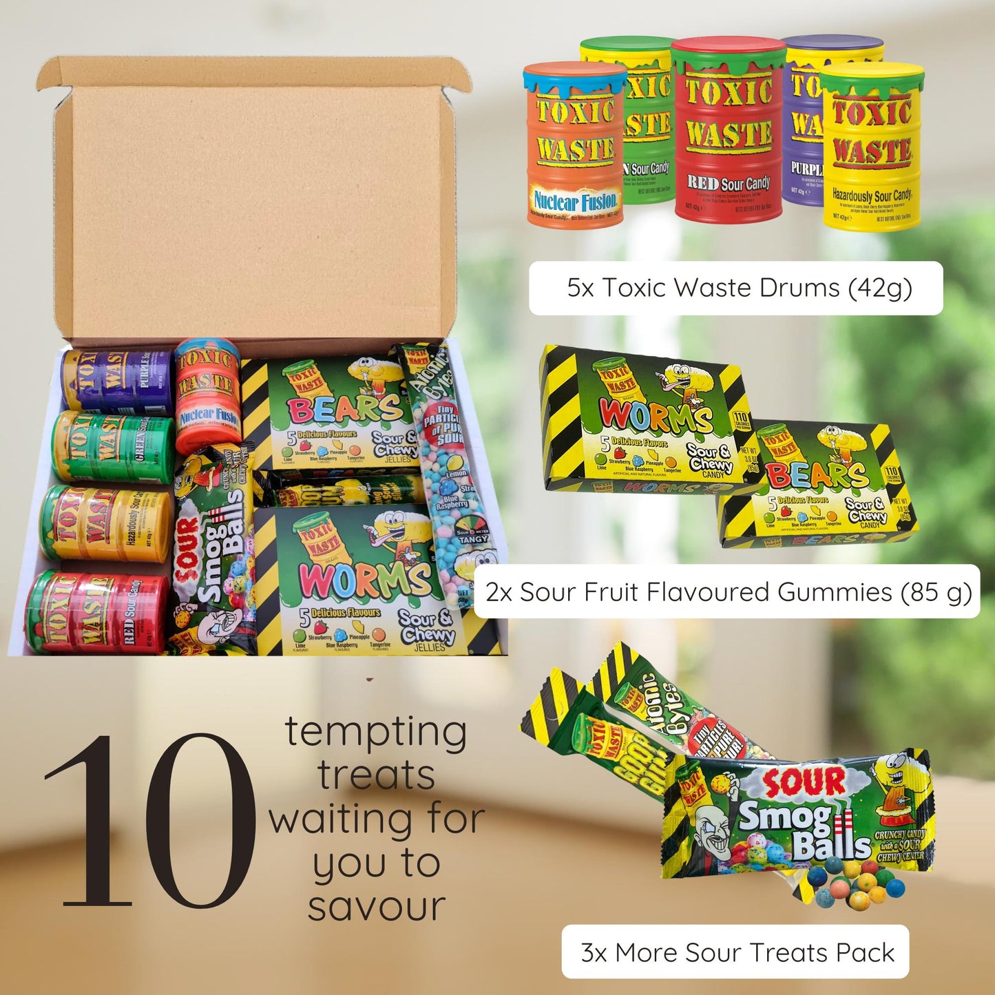 Toxic Waste Sweets Candy Gift Box - Extreme Sour Sweets Assorted 10 Packs | Selection of Sour Fruit-Flavoured Candies & Gummies for Gifting