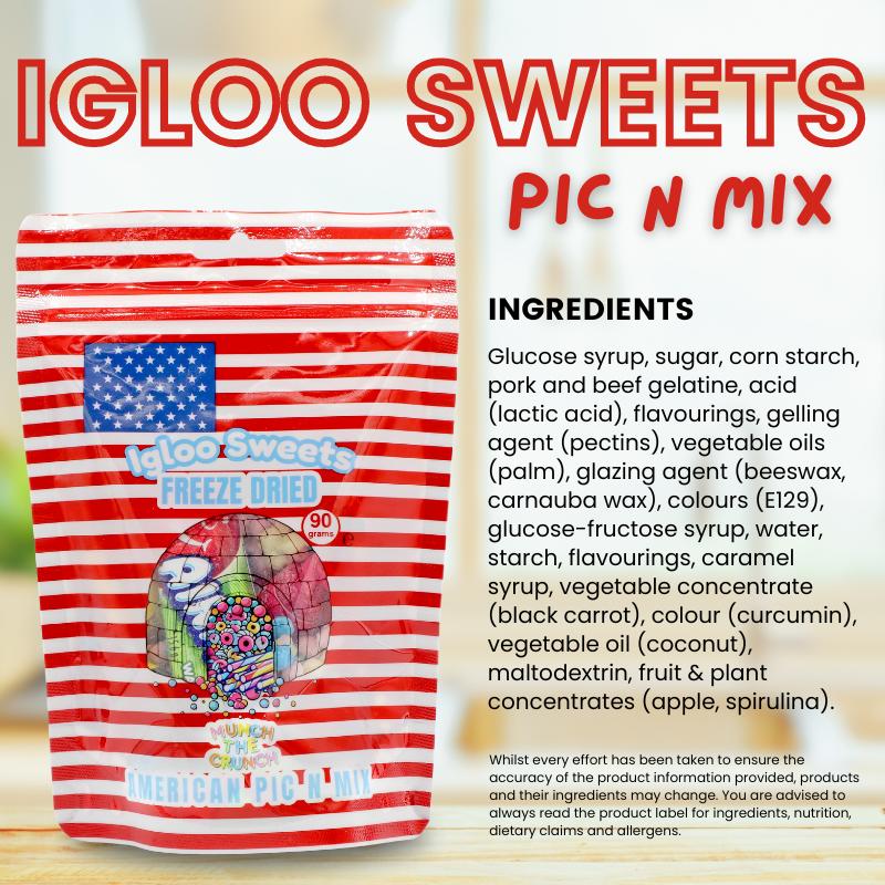 Igloo Freeze Dried Sweets Pouch 90 g | Pink, American, and Blue Pic n Mix | Crunchy and Delicious Freeze-Dried Candy for Snacking & Sharing