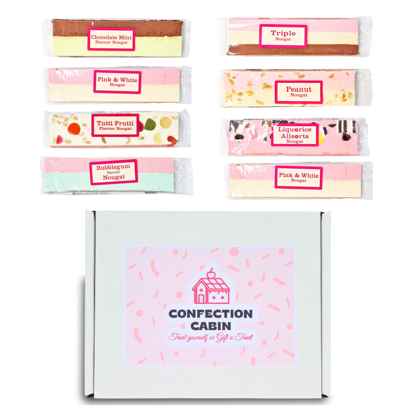 Nougat Gift Box | Selection of 7 Flavours (7 Bars) + 1 Bar (Random Flavour) | Individually Wrapped Nougat Sweets 130 g Each | Gift for All