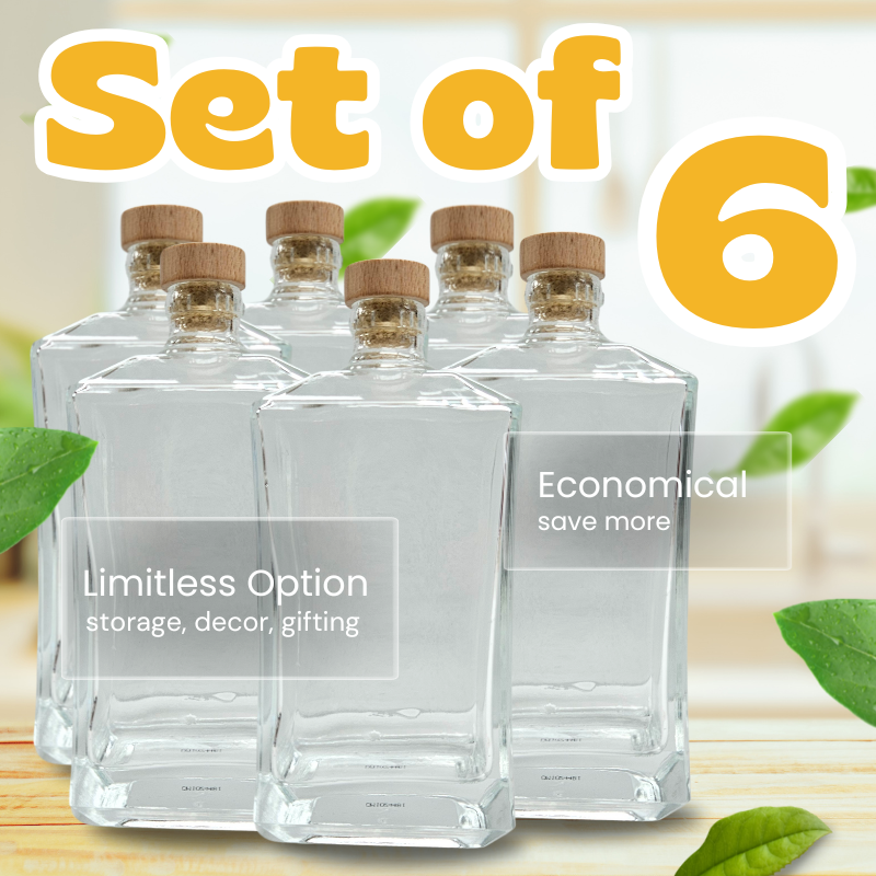 6 Glass Bottles with Cork Lids 500 ml (17.5 oz) | For Storage, Decor, Gifting