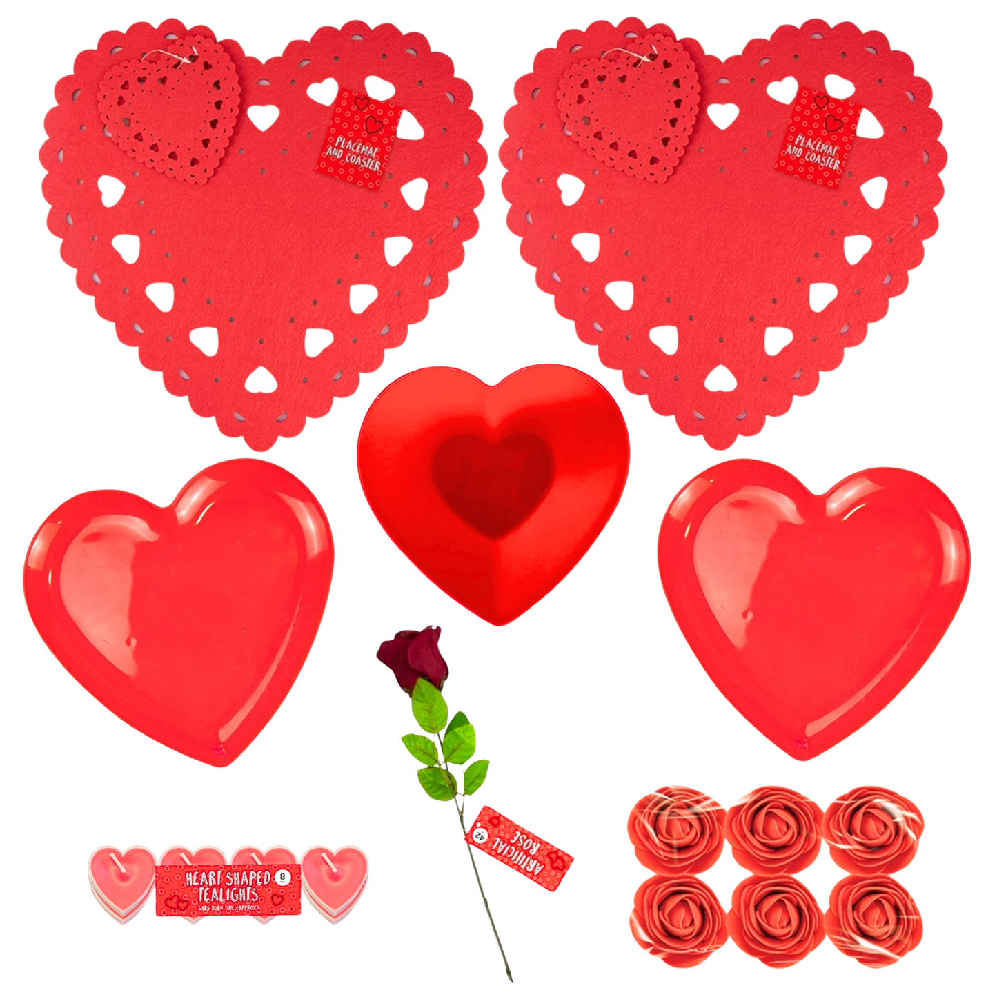 Valentines Day Romantic Table Decoration Kit | Includes Artificial Rose, Rose Petals, Heart-Shaped Plates, Tealights, and More