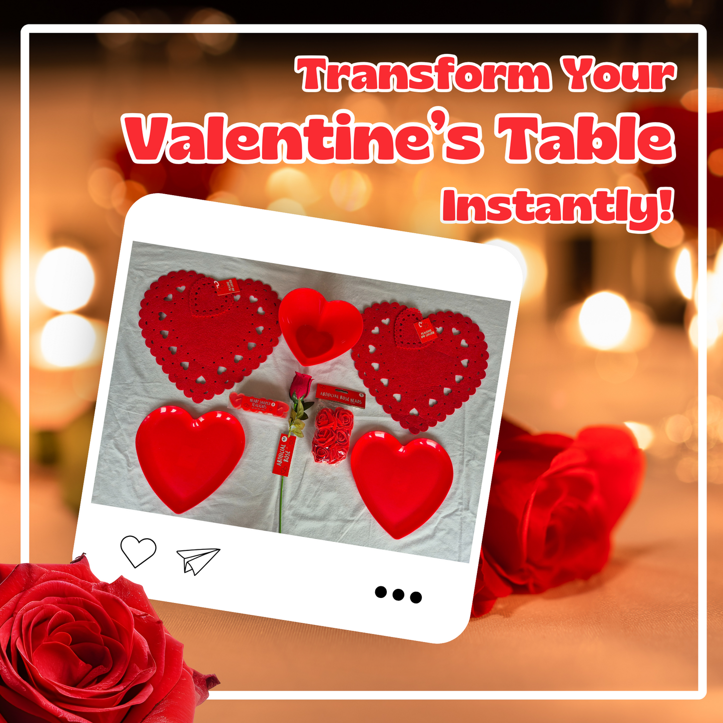 Valentines Day Romantic Table Decoration Kit | Includes Artificial Rose, Rose Petals, Heart-Shaped Plates, Tealights, and More