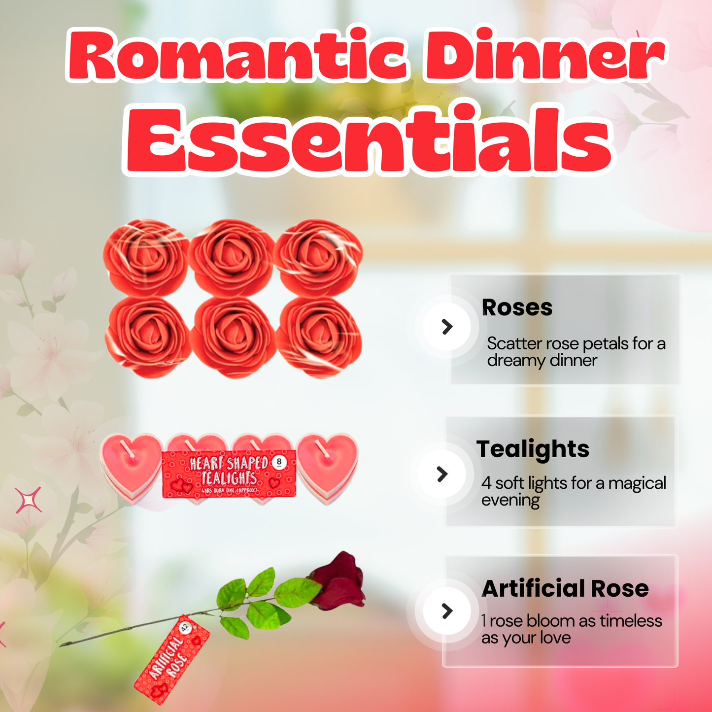 Valentines Day Romantic Table Decoration Kit | Includes Artificial Rose, Rose Petals, Heart-Shaped Plates, Tealights, and More
