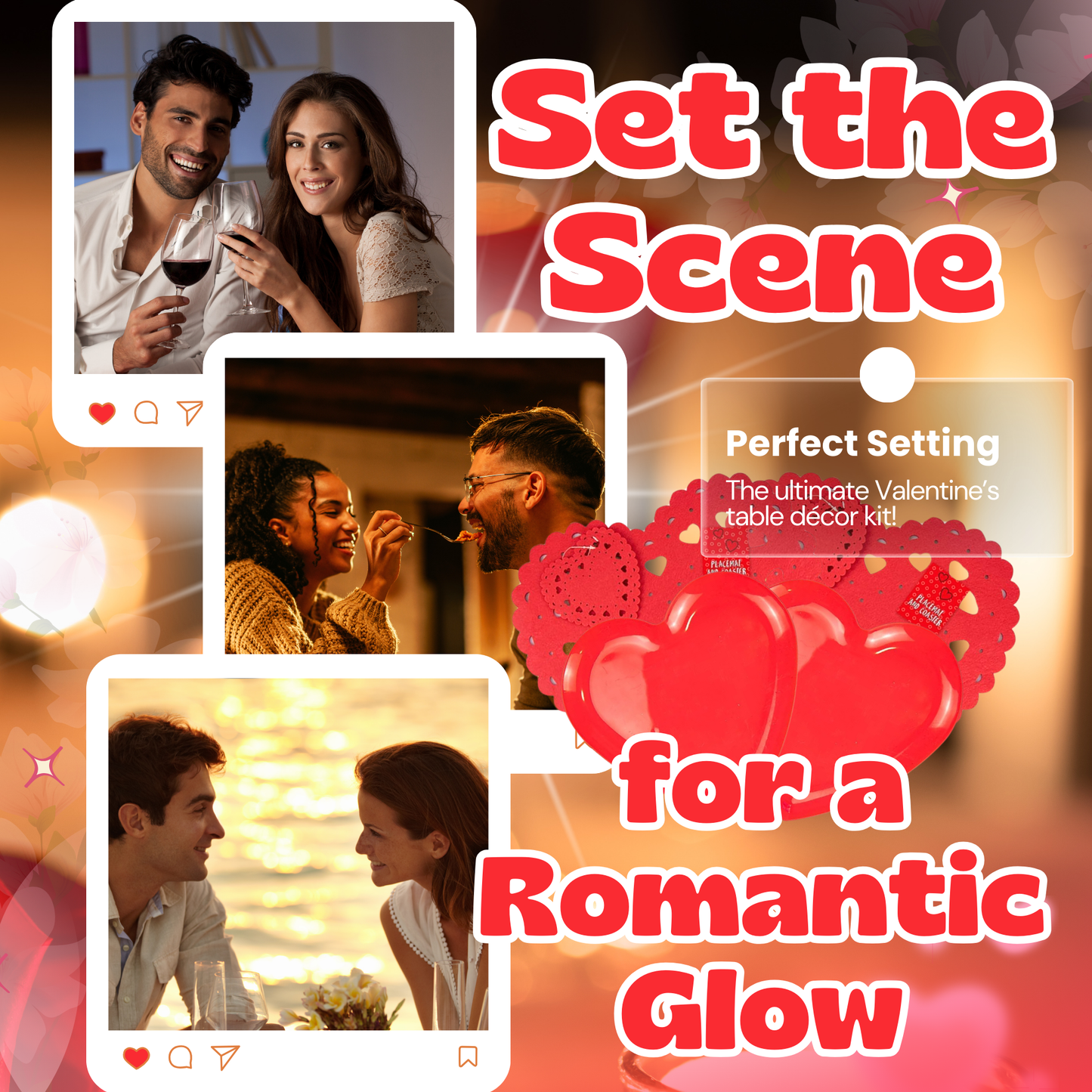 Valentines Day Romantic Table Decoration Kit | Includes Artificial Rose, Rose Petals, Heart-Shaped Plates, Tealights, and More