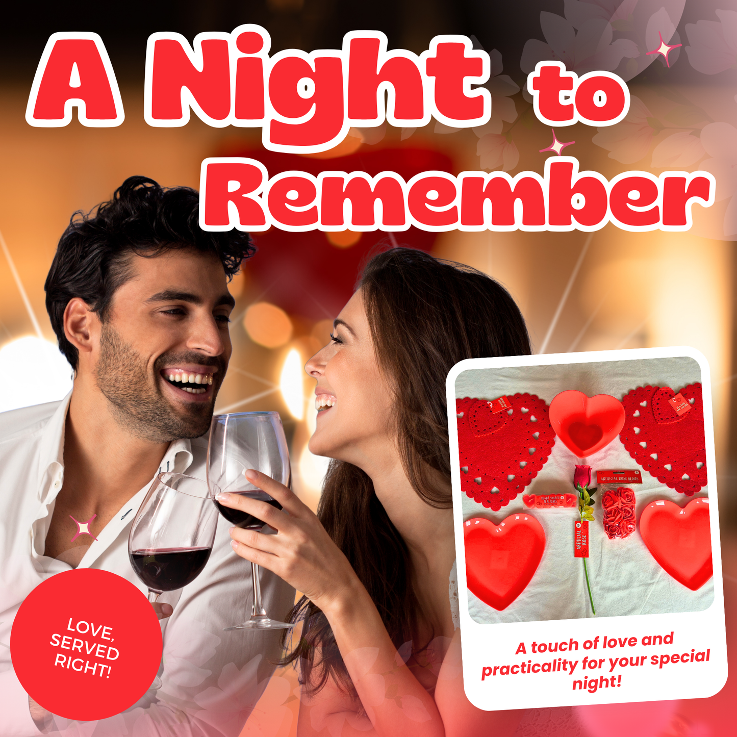 Valentines Day Romantic Table Decoration Kit | Includes Artificial Rose, Rose Petals, Heart-Shaped Plates, Tealights, and More