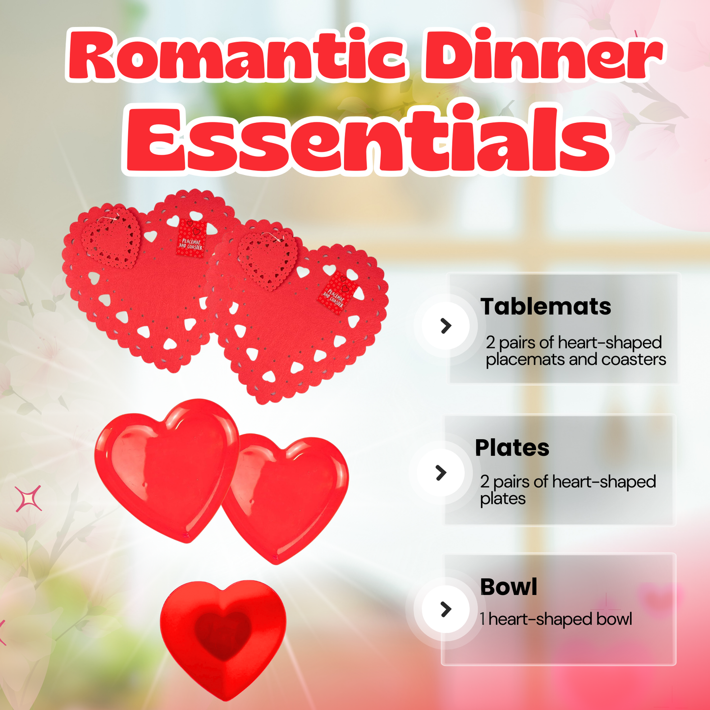 Valentines Day Romantic Table Decoration Kit | Includes Artificial Rose, Rose Petals, Heart-Shaped Plates, Tealights, and More