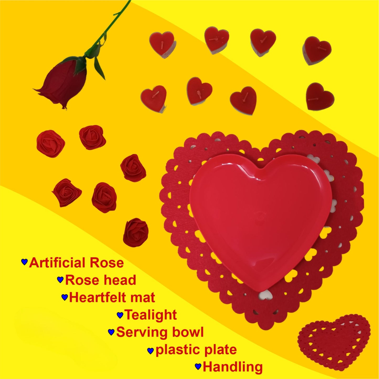 Valentines Day Romantic Table Decoration Kit | Includes Artificial Rose, Rose Petals, Heart-Shaped Plates, Tealights, and More