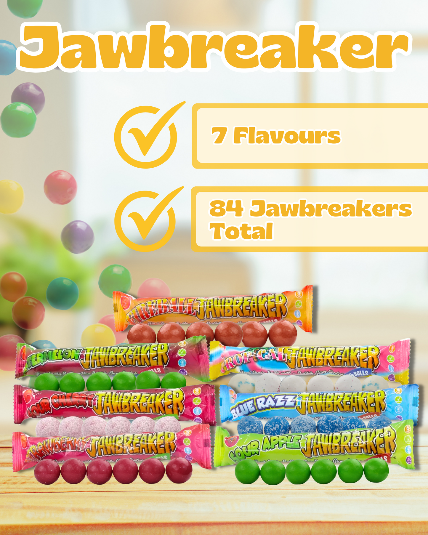 Jawbreaker Sweets Selection Box - 15 Packs | 7 Flavours - Retro Sweets Gift Box | Total 84 Candy Balls with Bubblegum Center