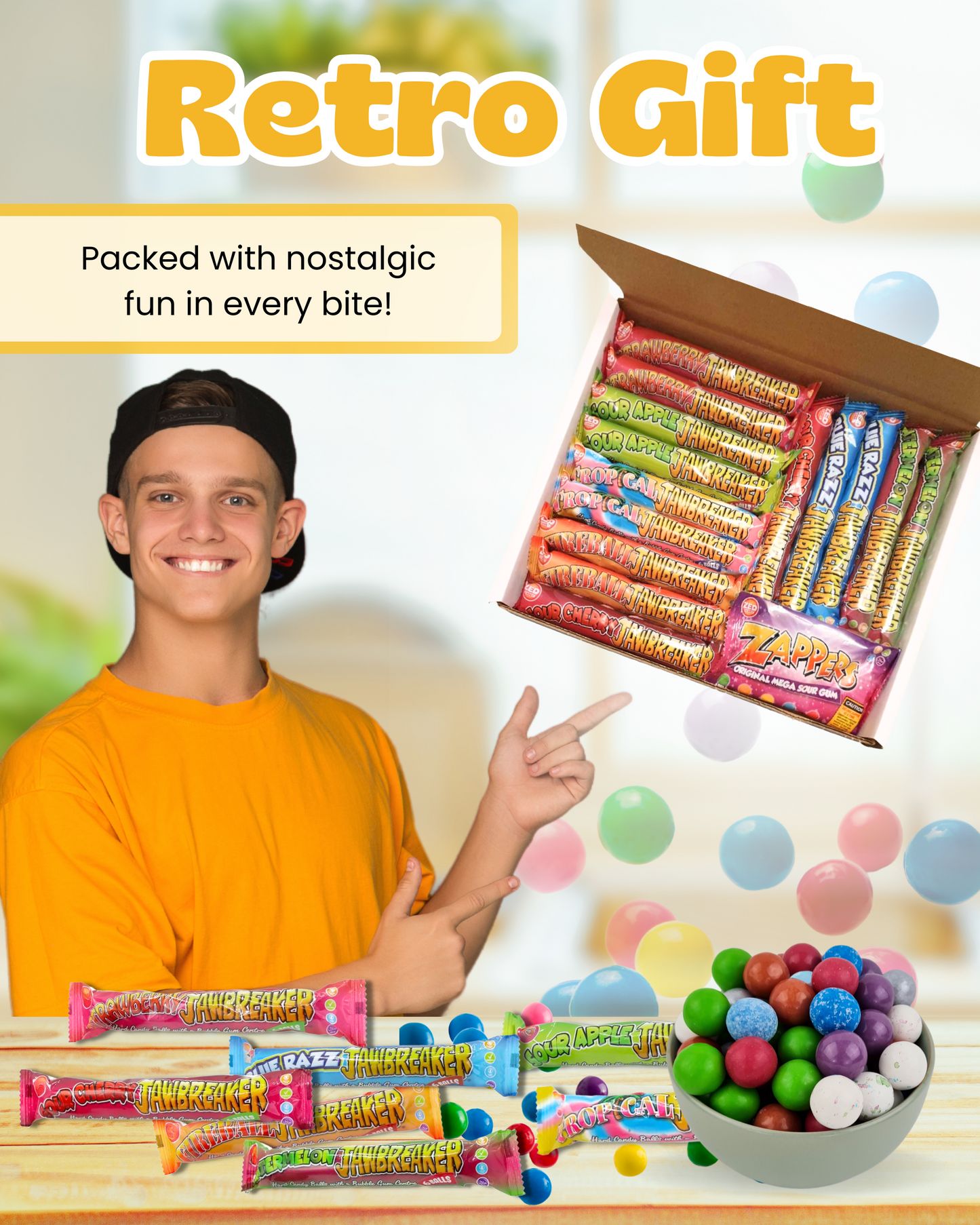 Jawbreaker Sweets Selection Box - 15 Packs | 7 Flavours - Retro Sweets Gift Box | Total 84 Candy Balls with Bubblegum Center