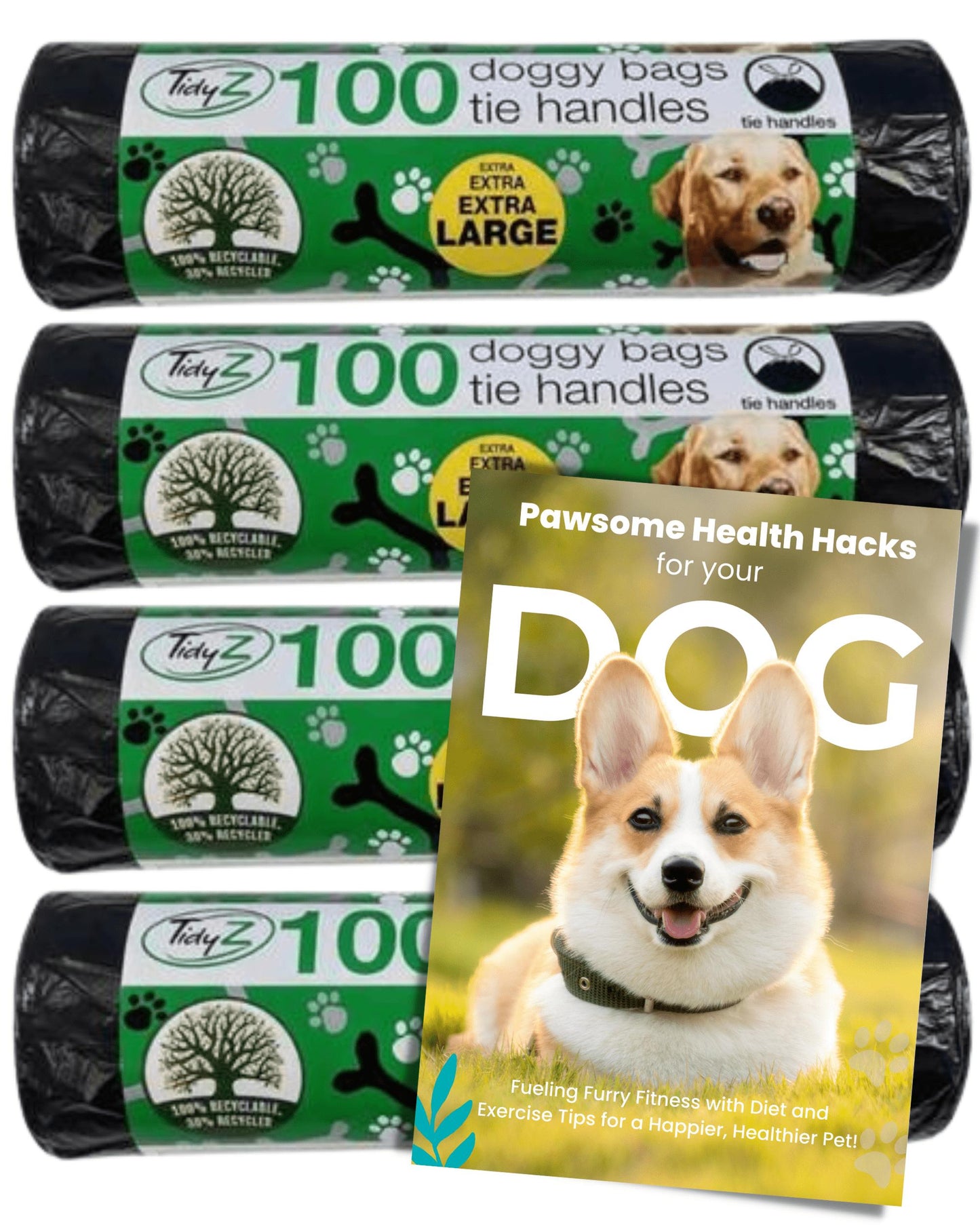 Tidyz Doggy Poop Bags with Tie Handles and Dog Health Tips Leaflet 4 Packs x 100 (30 cm x 36 cm)