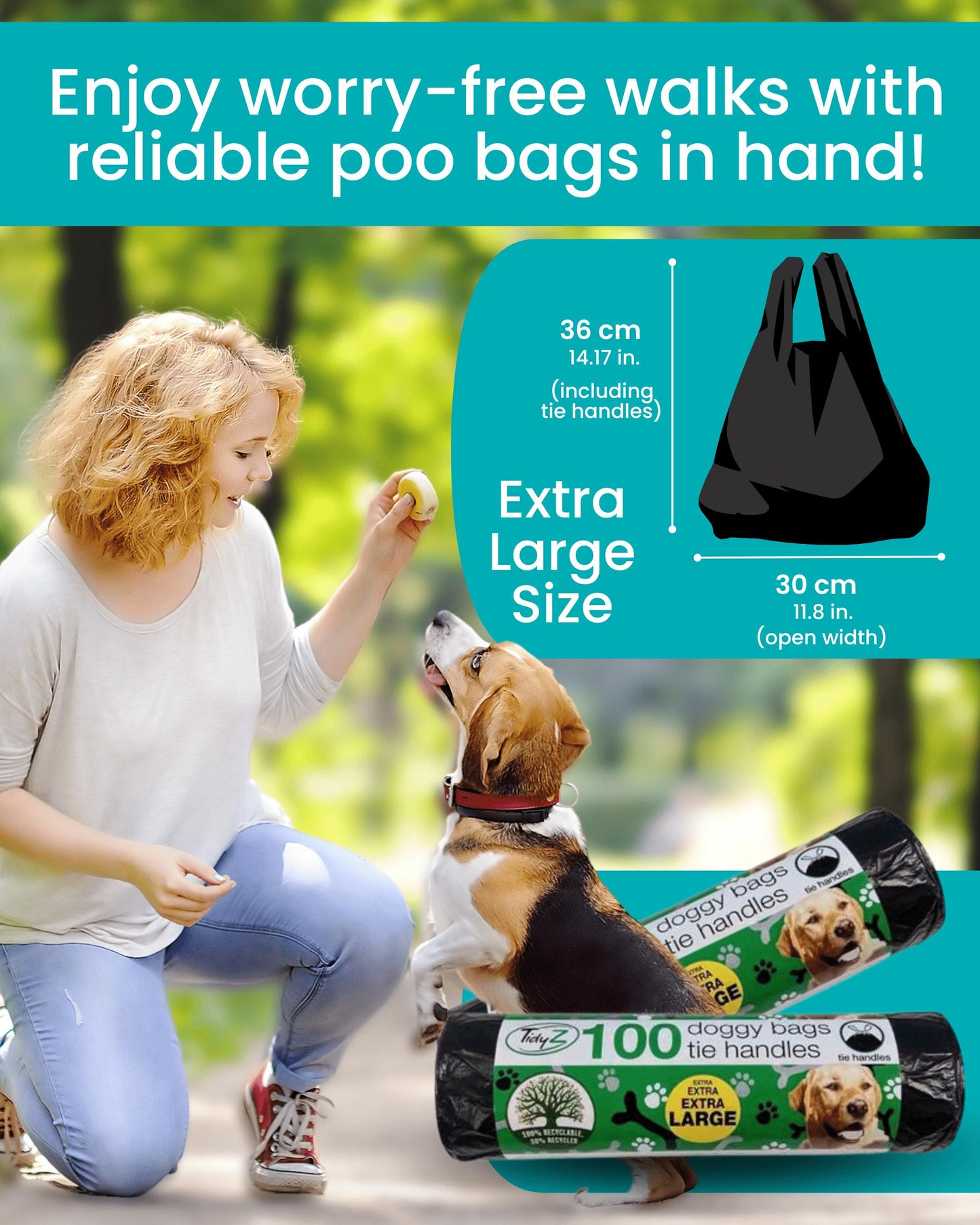 Tidyz Doggy Poop Bags with Tie Handles and Dog Health Tips Leaflet 4 Packs x 100 (30 cm x 36 cm)