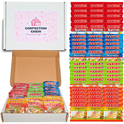 Haribo Sweets Multipack Gift Box | 60 Mixed Haribo Mini Bags (15 each of Starmix, Supermix, Giant Strawbs, Tangfastics)