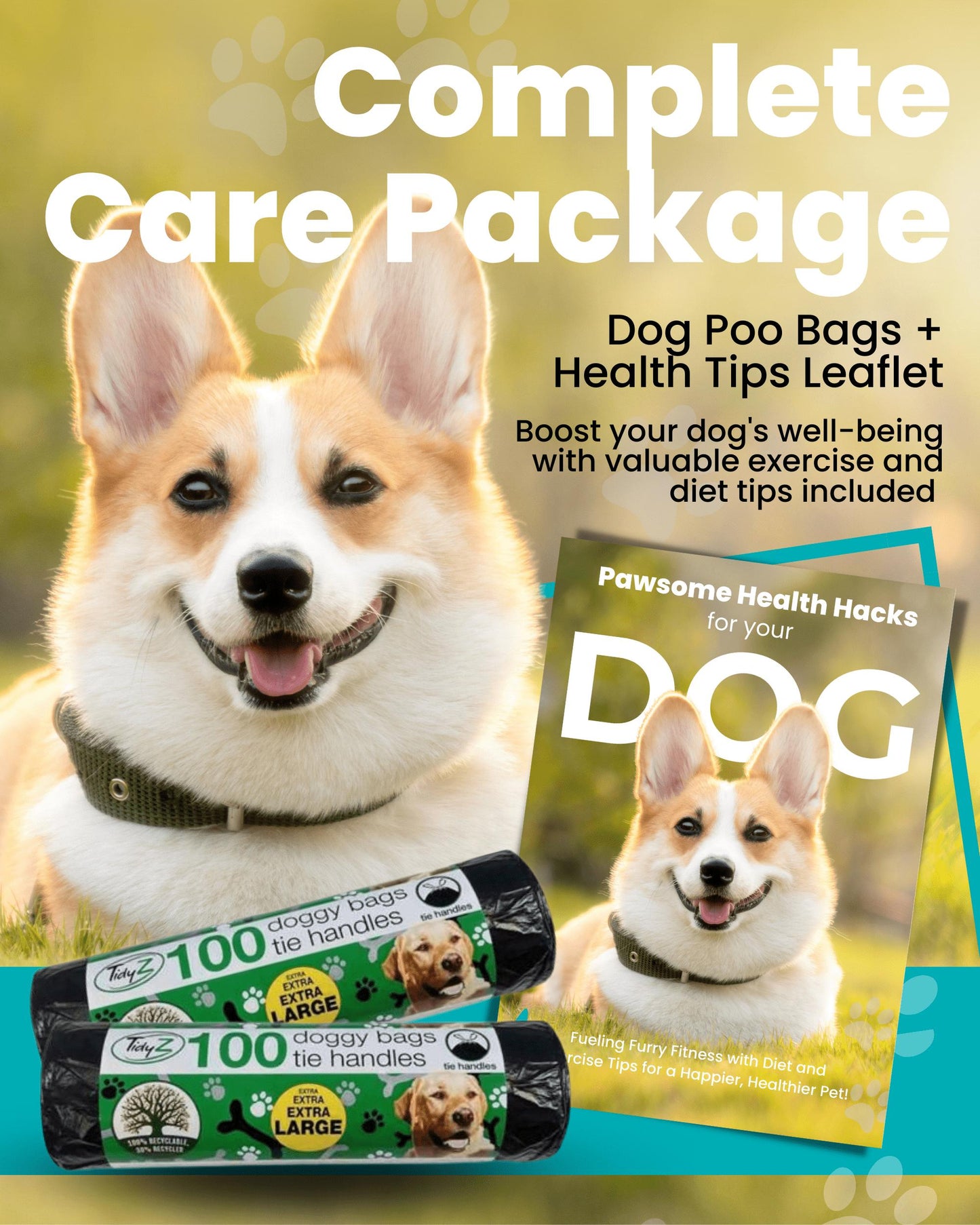 Tidyz Doggy Poop Bags with Tie Handles and Dog Health Tips Leaflet 4 Packs x 100 (30 cm x 36 cm)