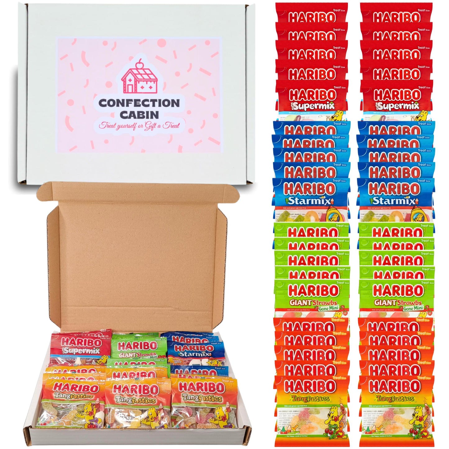 Haribo Sweets Multipack Gift Box | 40 Mixed Haribo Mini Bags (10 each of Starmix, Supermix, Giant Strawbs, Tangfastics) | Candy Snack