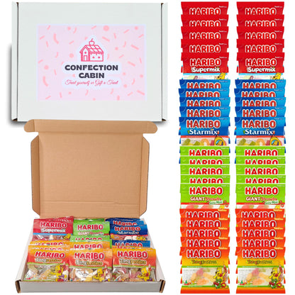 Haribo Sweets Multipack Gift Box | 40 Mixed Haribo Mini Bags (10 each of Starmix, Supermix, Giant Strawbs, Tangfastics) | Candy Snack