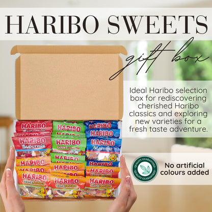 Haribo Sweets Multipack Gift Box | 40 Mixed Haribo Mini Bags (10 each of Starmix, Supermix, Giant Strawbs, Tangfastics) | Candy Snack