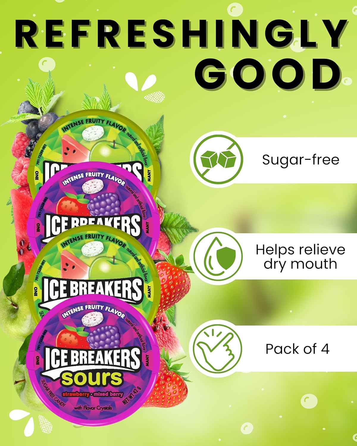 Ice Breakers Sour Sweets Gift Box 42 g x 4 | Watermelon & Green Apple and Wild Berry (Strawberry and Mixed Berry) | Sugar Free