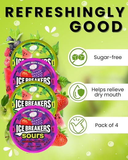 Ice Breakers Sour Sweets Gift Box 42 g x 4 | Watermelon & Green Apple and Wild Berry (Strawberry and Mixed Berry) | Sugar Free