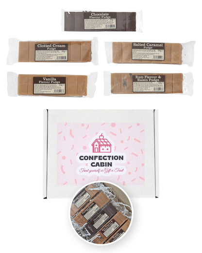 Fudge Gift Set 5 Snack Bars | Salted Caramel Fudge, Rum and Raisin Fudge, Chocolate, Vanilla, and Clotted Cream Fudge (130 g Each)