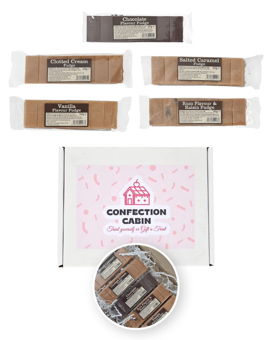 Fudge Gift Set 5 Snack Bars | Salted Caramel Fudge, Rum and Raisin Fudge, Chocolate, Vanilla, and Clotted Cream Fudge (130 g Each)
