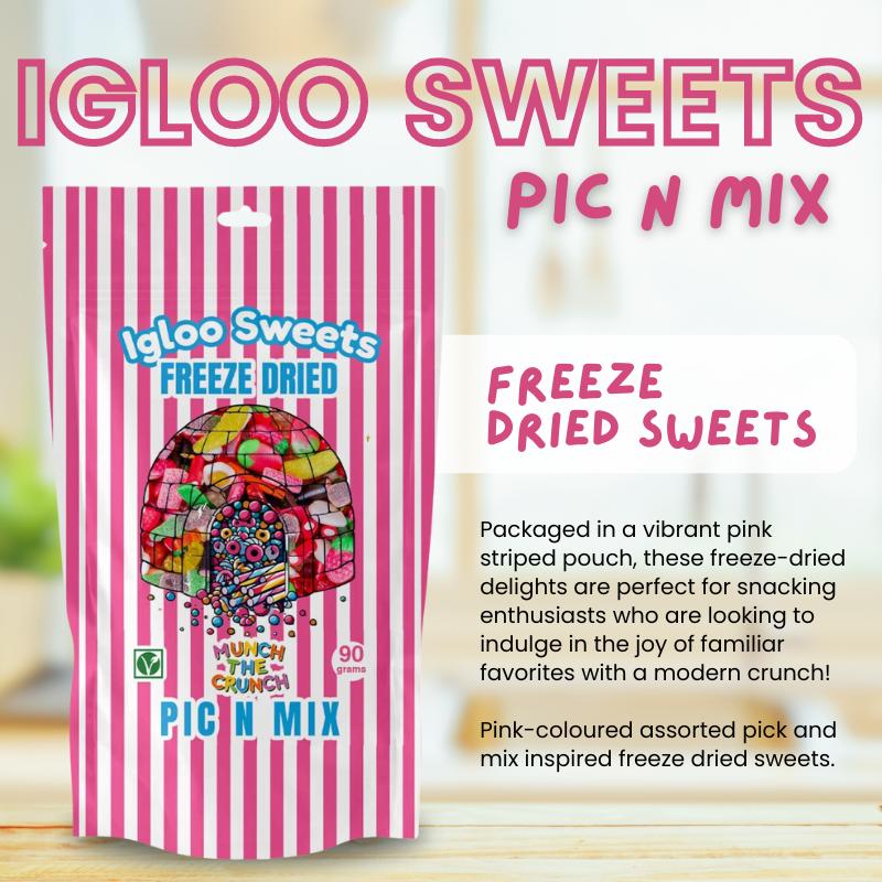 Igloo Freeze Dried Sweets Pouch 90 g | Pink, American, and Blue Pic n Mix | Crunchy and Delicious Freeze-Dried Candy for Snacking & Sharing