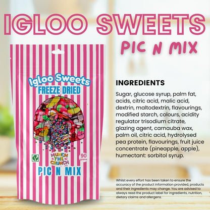 Igloo Freeze Dried Sweets Pouch 90 g | Pink, American, and Blue Pic n Mix | Crunchy and Delicious Freeze-Dried Candy for Snacking & Sharing