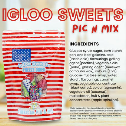 Igloo Freeze Dried Sweets Pouch 90 g | Pink, American, and Blue Pic n Mix | Crunchy and Delicious Freeze-Dried Candy for Snacking & Sharing