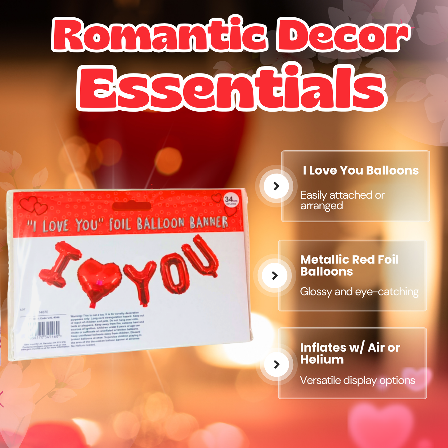 Romantic Room Decoration Kit for Valentine’s Day | 40-Piece Romantic Decor Set & “I Love You” Foil Balloon | Romantic Surprises