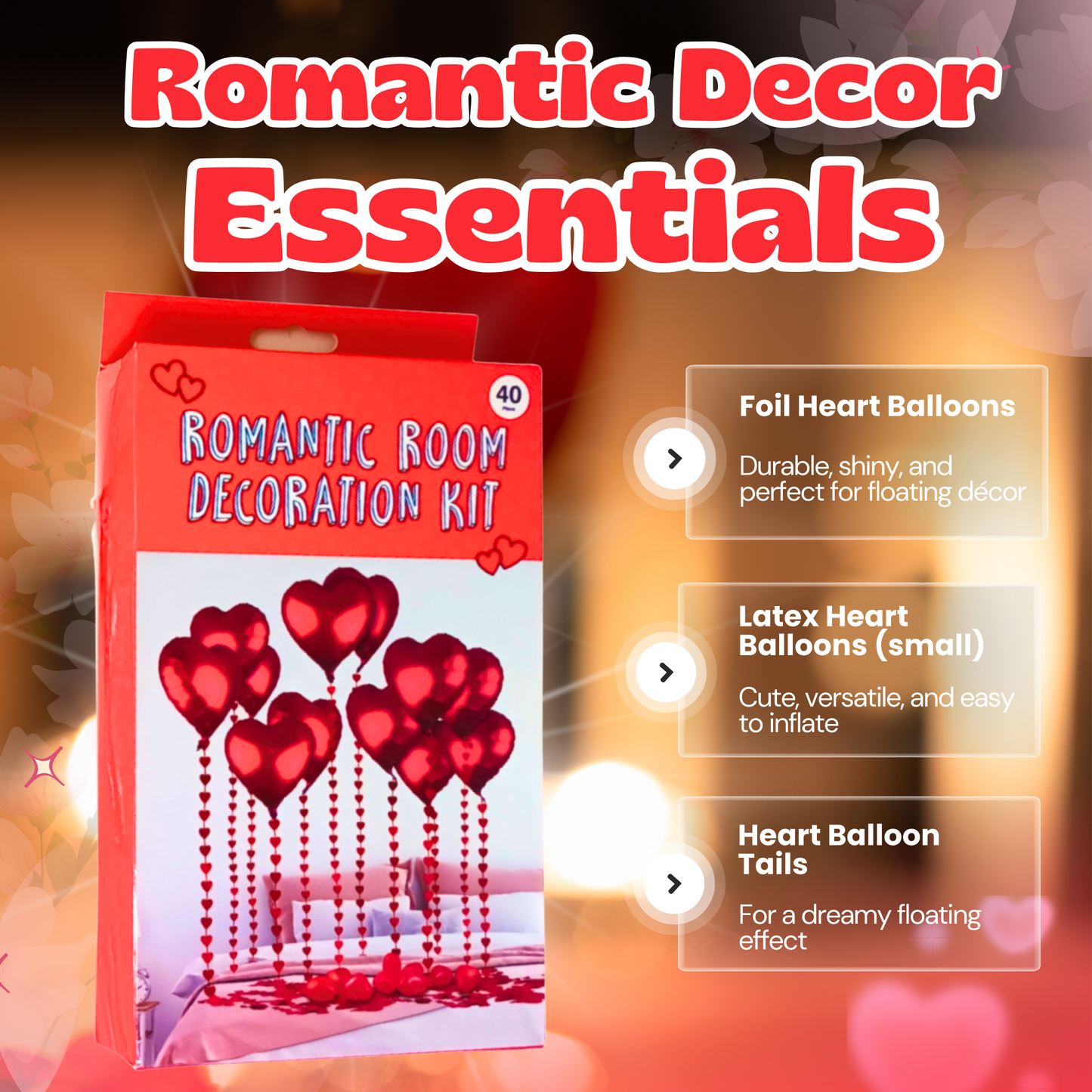 Romantic Room Decoration Kit for Valentine’s Day | 40-Piece Romantic Decor Set & “I Love You” Foil Balloon | Romantic Surprises