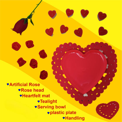 Valentines Day Romantic Table Decoration Kit | Includes Artificial Rose, Rose Petals, Heart-Shaped Plates, Tealights, and More