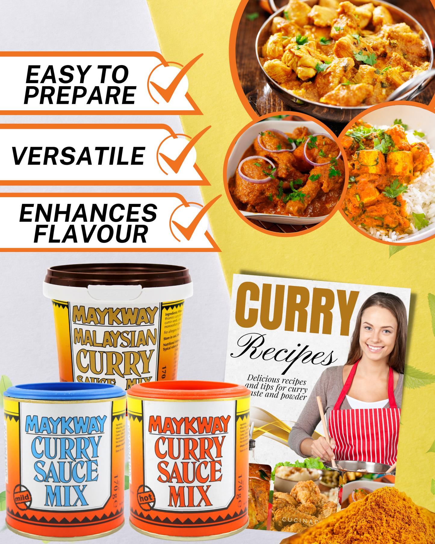 Maykway Curry Sauce Mix (Hot, Mild, Malaysian) (170 g x 3) with Curry Recipe Leaflet